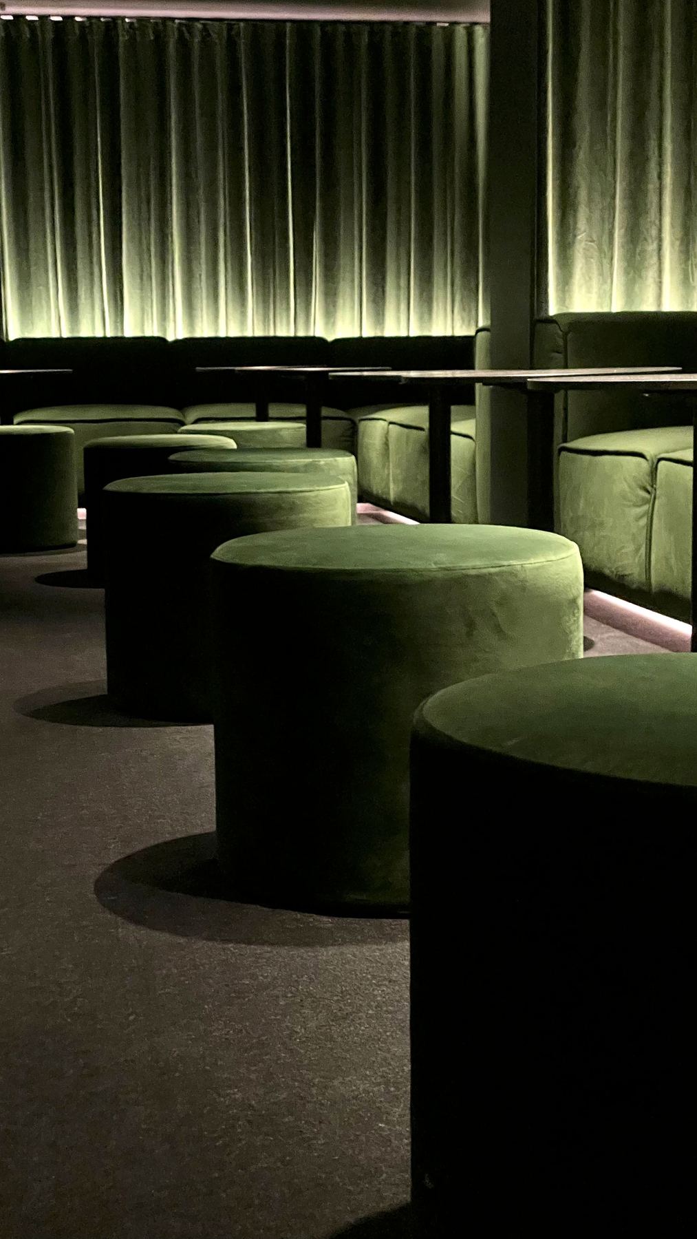 Poufs et tables basses dans la pénombre verte